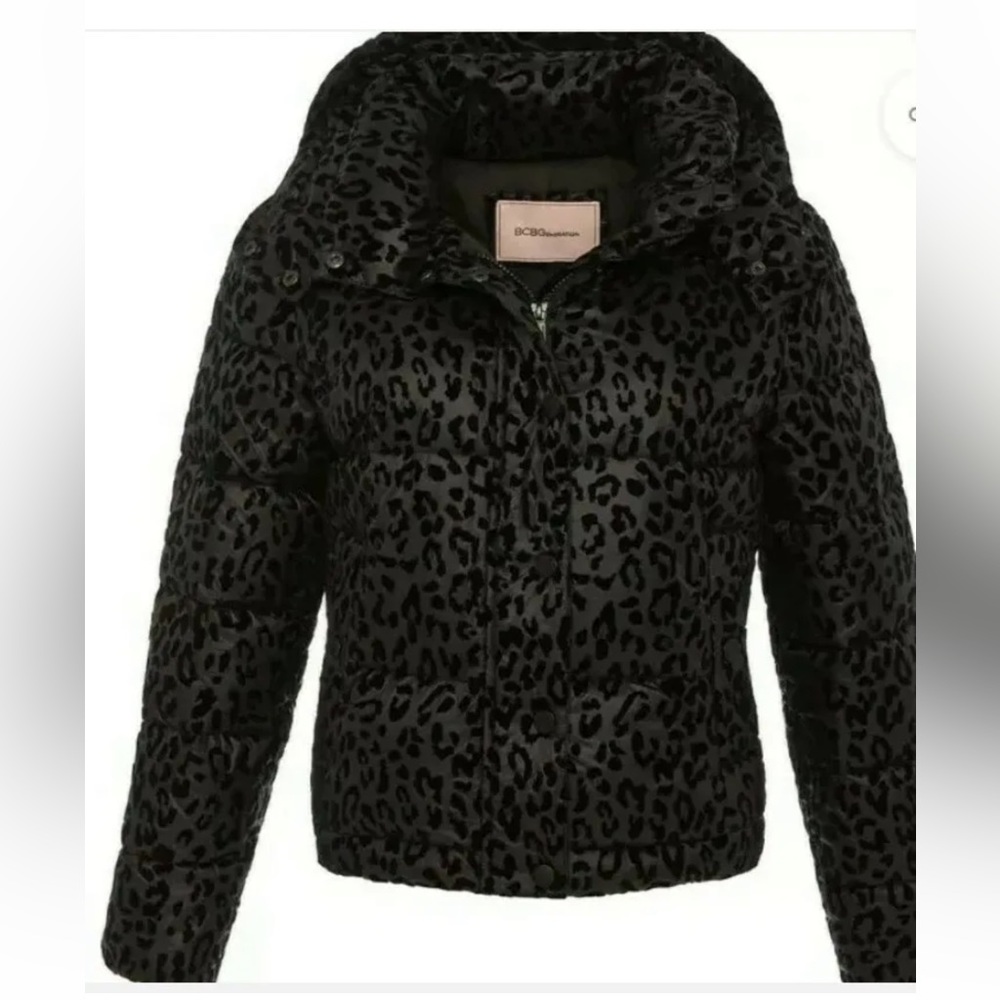 BCBG Generation Hooded Midweight Puffer Jacket Black/Leopard Color Sz, 𝗠